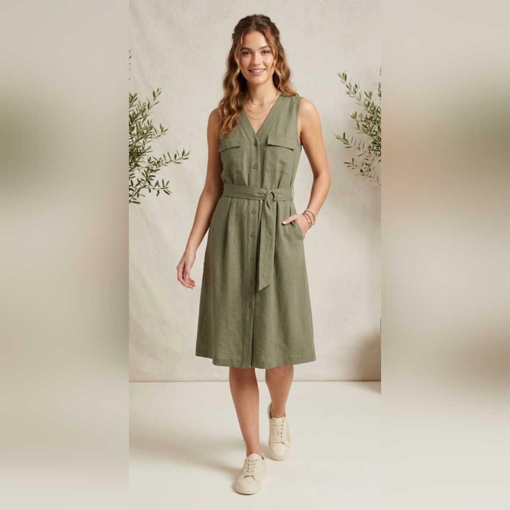 ✨ NEW DKNY Olive Green Sleeveless Belted Midi Dress - Size 10 ✨